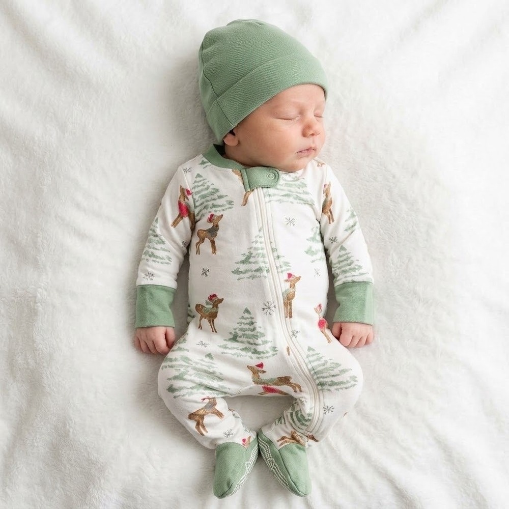 Burts Bees Baby Reindeer Christmas Footed Sleeper Organic Cotton Ivory ‎ 0-3M
